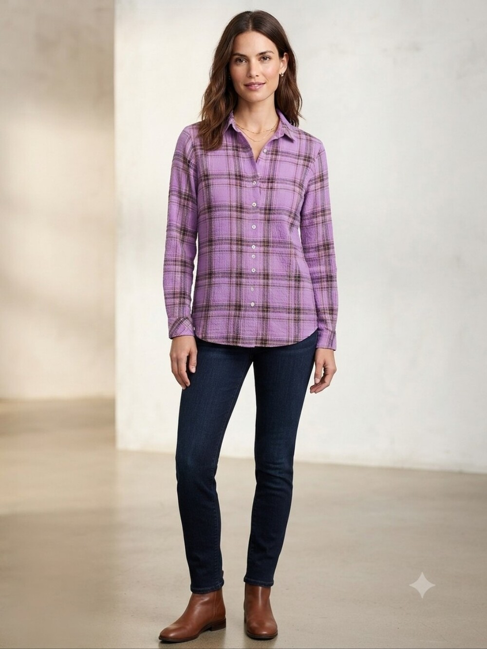 J. Jill Crinkle Purple Plaid Cotton Button Down Tunic Size Med Petite